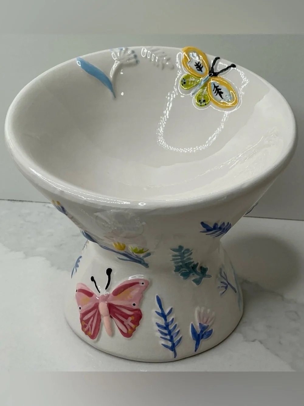 Mellow & Mod Pet Bowl Elevated and Tilted Small Ceramic FLORAL Dish New
